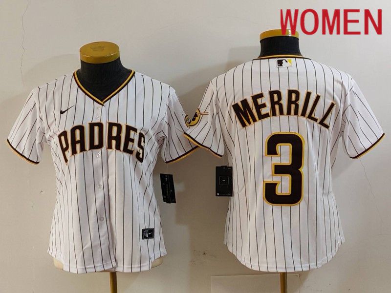 Women San Diego Padres #3 Merrill White stripe Nike Game 2024 MLB Jersey style 726->women mlb jersey->Women Jersey